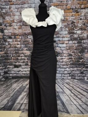 Baby Boo Elsie Elegant Black Maxi Gown with White Ruffled Shoulder